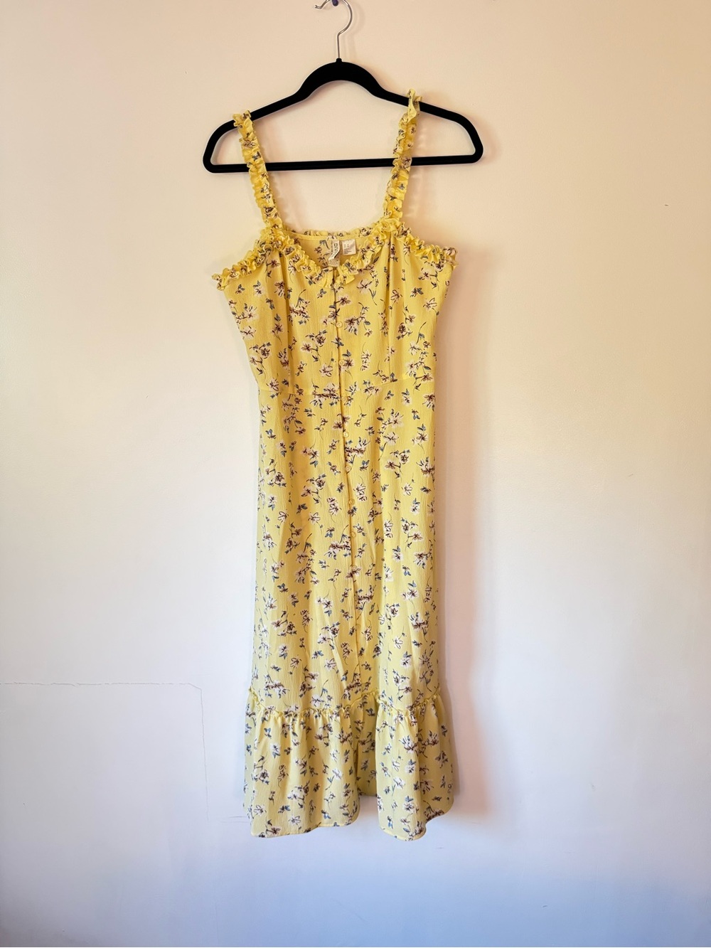 Divided Yellow Floral Ruffle-Strap Midi Dress